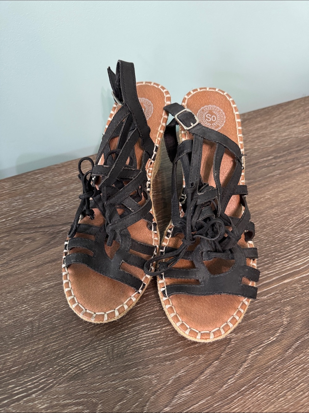 SO Black Lace-Up Gladiator Sandals with Espadrille Stitching
